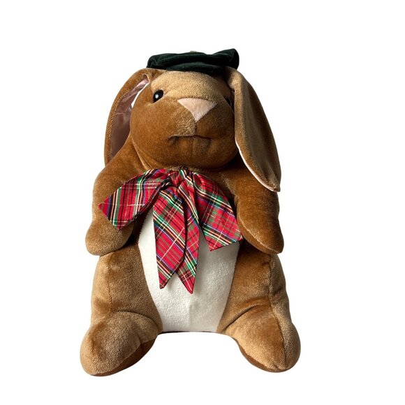 Vintage 1985 Velveteen Rabbit Plush Bunny Green Hat Plaid Bow Stuffed Animal 14" - Picture 1 of 7